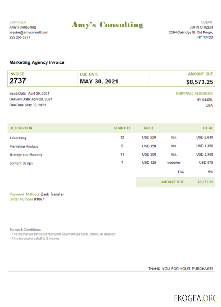 Modèle de facture USA Amy's Consulting